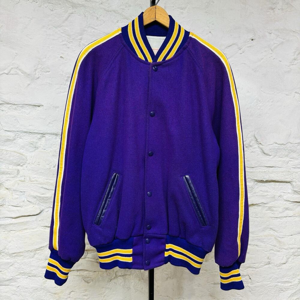 Vintage 60s 70s Roush Varsity Jacket Purple Gold Wool Snaps Stripes Size 42